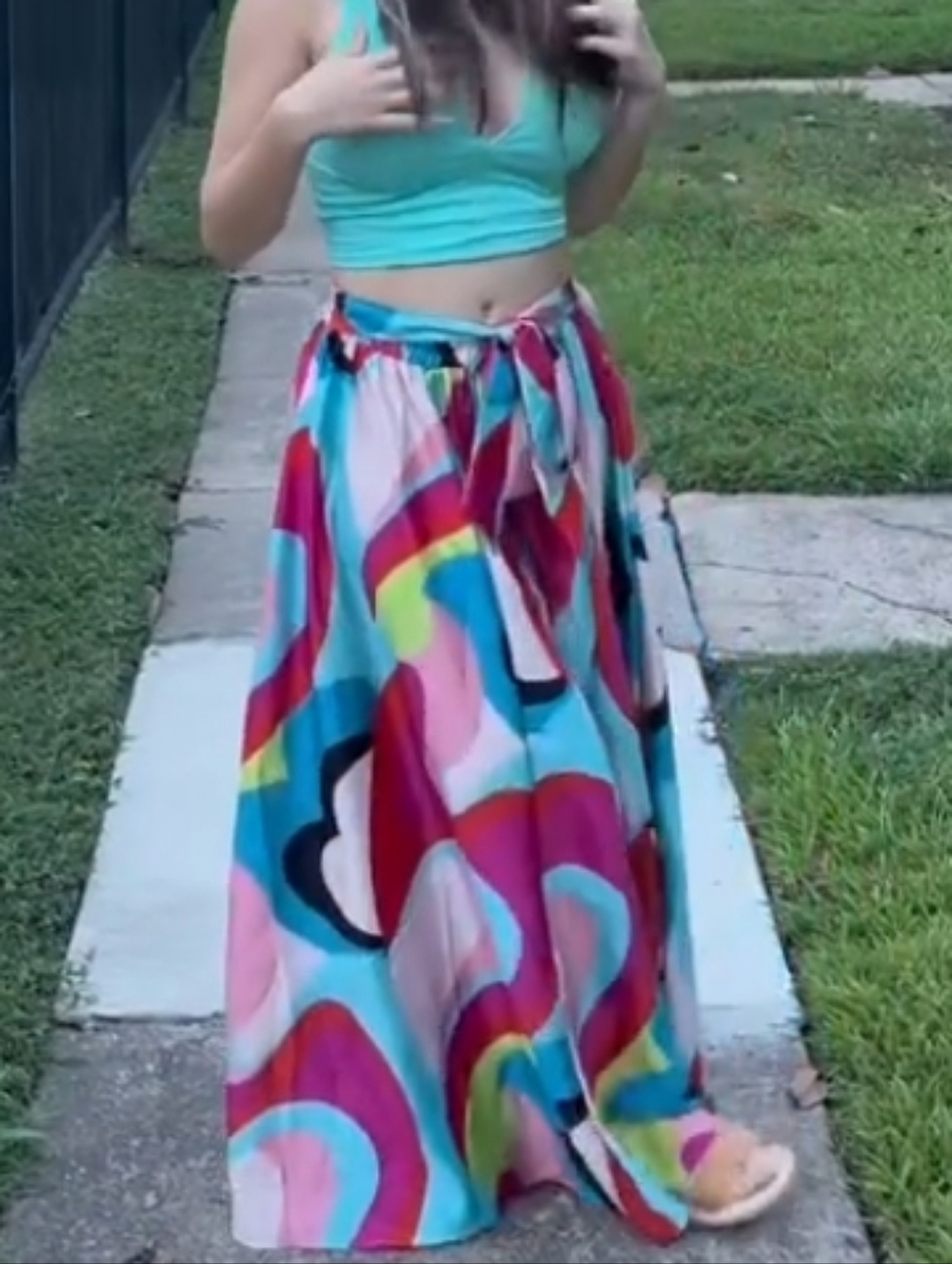 Deja Bleu Colorful Abstract Maxi Skirt with Teal Crop Top